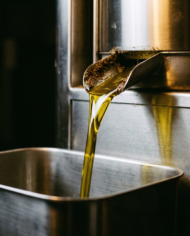 Fresh green-gold oil running from the cold press into a steel pan