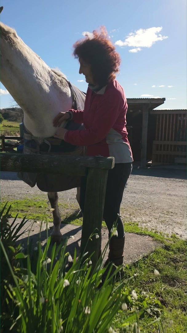 A horse rider, mid-ride