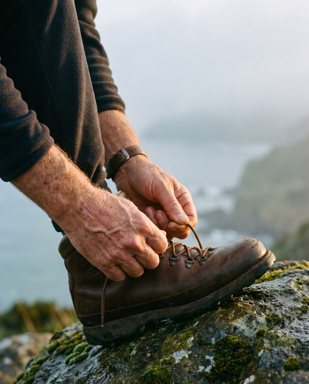 Weathered hands lacing a leather hiking boot above a misty New Zealand headland