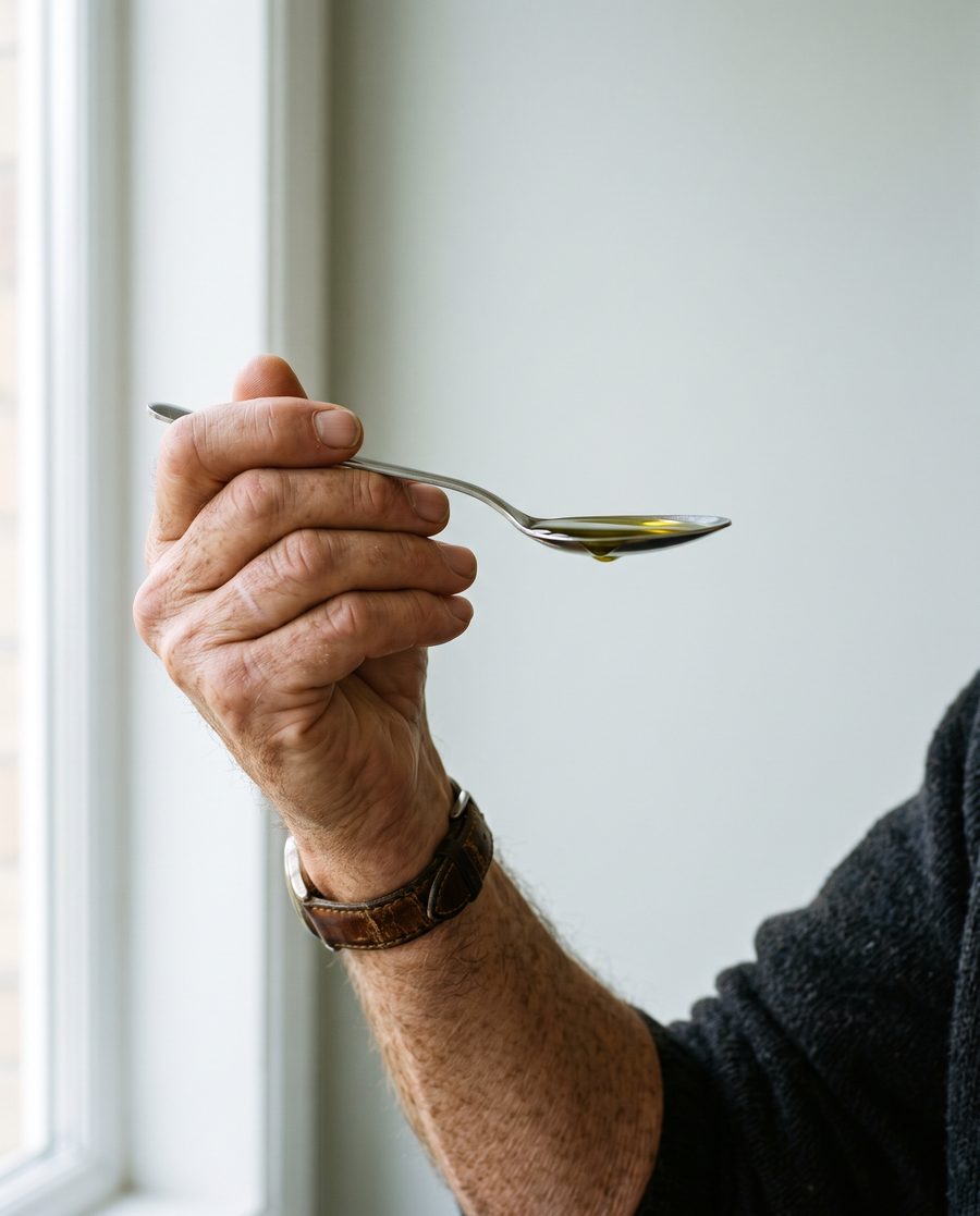 A spoonful of golden Move oil held up to morning window light