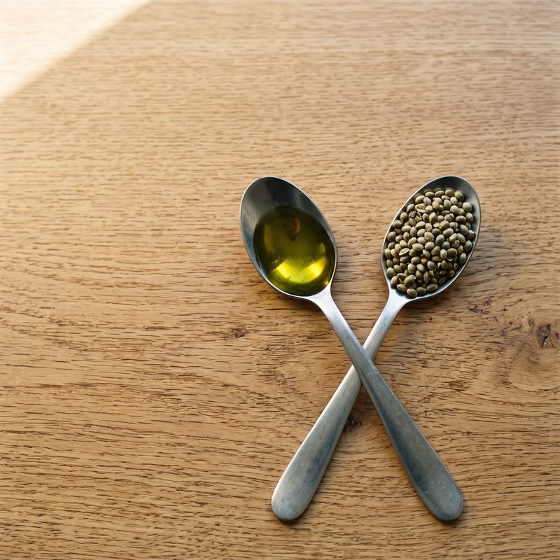Two crossed teaspoons on oak - one of golden oil, one of hemp seeds