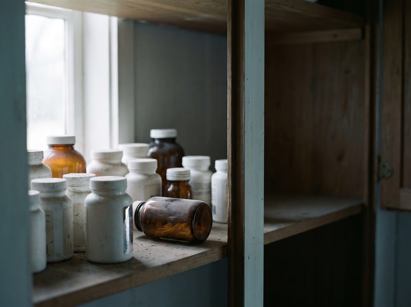 A cupboard shelf crowded with unlabelled capsule jars, one tipped over