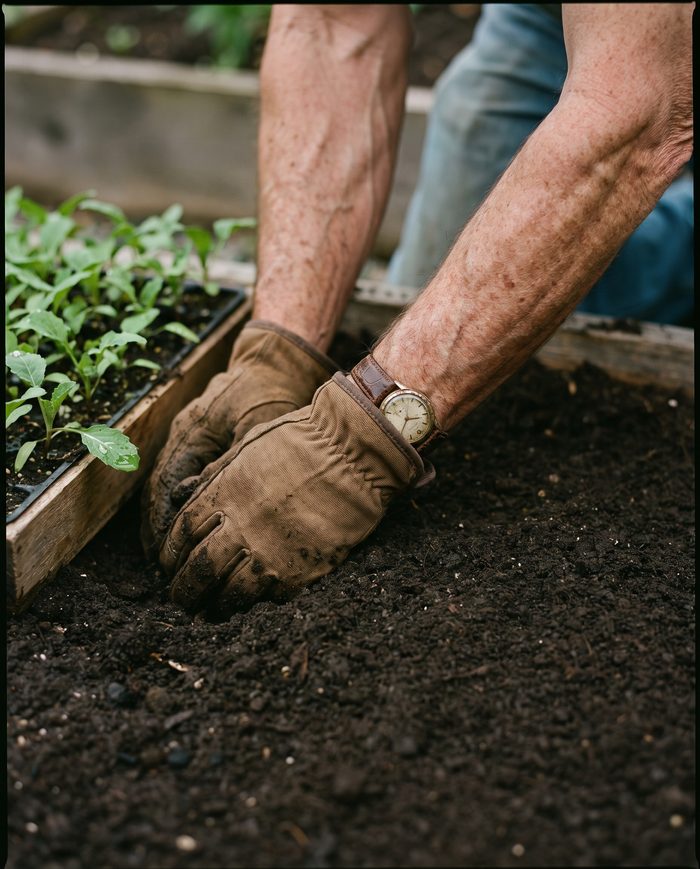Gloved hands pressing seedlings into dark soil