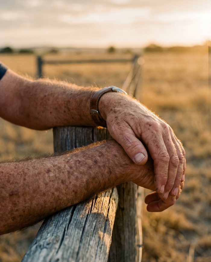 Weathered forearms resting on a fence post above a golden paddock